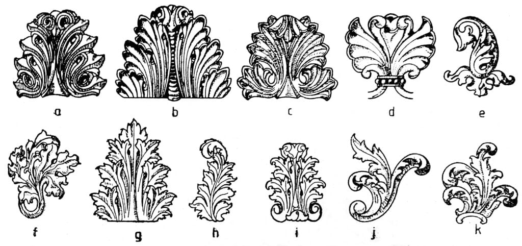 Num fundo branco, vemos desenhos de vários ornamentos arquitetônicos baseados no acanto.